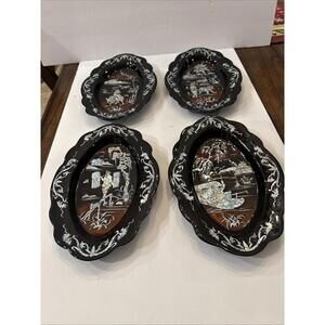 Set of 4 Asian Lacquer Mother of Pearl Inlay Art Plaques 8 1/8" x 11.5”